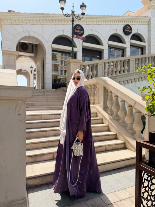 Deep Purple Cobra Silk Abaya with Nafnaf – Crystal Embellished