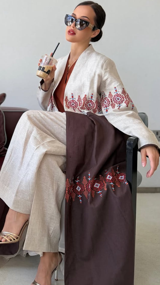 Two-Tone Tribal Embroidered Linen Abaya – Beige & Chocolate