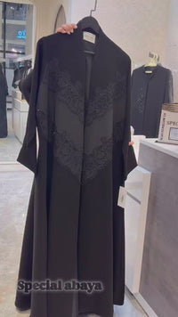 Black Lace Panel Occasion Abaya – Asymmetric Luxury Design